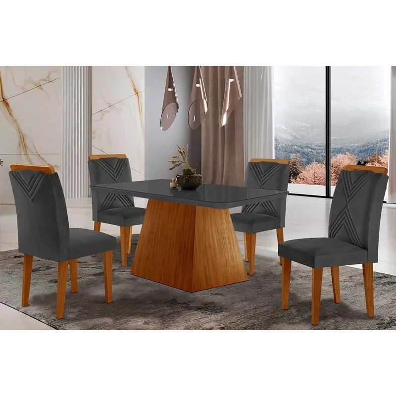 Conjunto: Mesa Sala Jantar Luna Tampo Madeirado c/ Vidro Canto Curvo 120x80 e 4 Cadeiras Amsterdã Imbuia/Grafite - Linho Grafite - Rufato