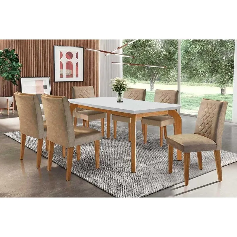 Conjunto: Mesa Sala Jantar Londrina c/ Tampo Madeirado Canto Reto 180x90cm e 6 cadeiras Jade Imbuia/Suede Capuccino - Rufato