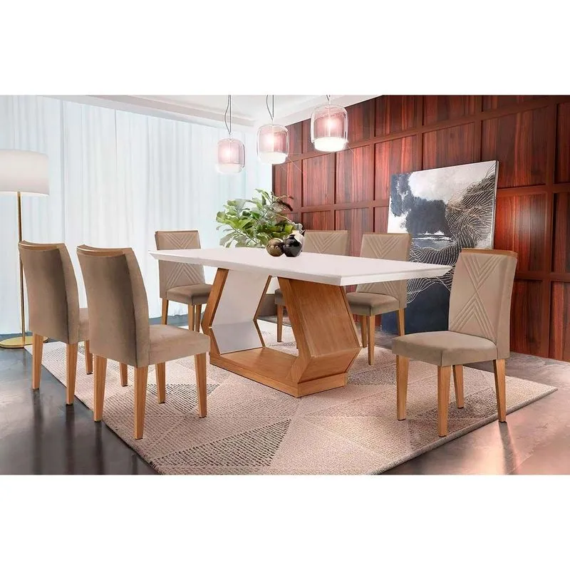 Kit 6 Cadeiras Sala Jantar Alvorada c/ Tampo Madeirado Canto Reto 180x90cm e 6 Cadeiras Amsterdã Imbuia/Off White - Suede Capuccino - Rufato