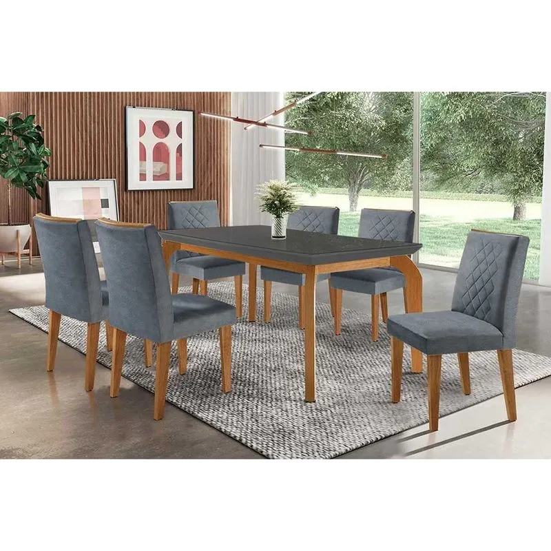 Conjunto: Mesa Sala Jantar Londrina c/ Tampo Madeirado c/ Vidro Canto Curvo 180x90cm e 6 cadeiras Jade Imbuia/Grafite - Suede Grafite - Rufato