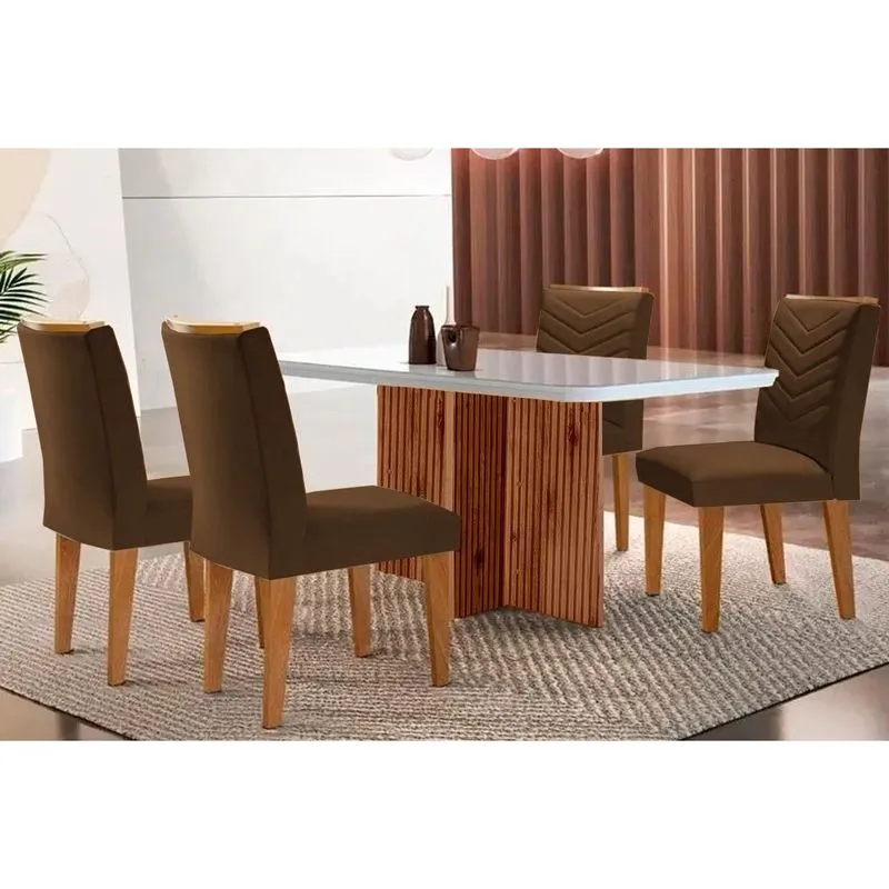 Conjunto: Mesa Sala Jantar Berlim c/ Tampo Madeirado c/ Vidro Canto Curvo 120x80cm e 4 Cadeiras Londrina Imbuia/Off White - Suede Marrom - Rufato