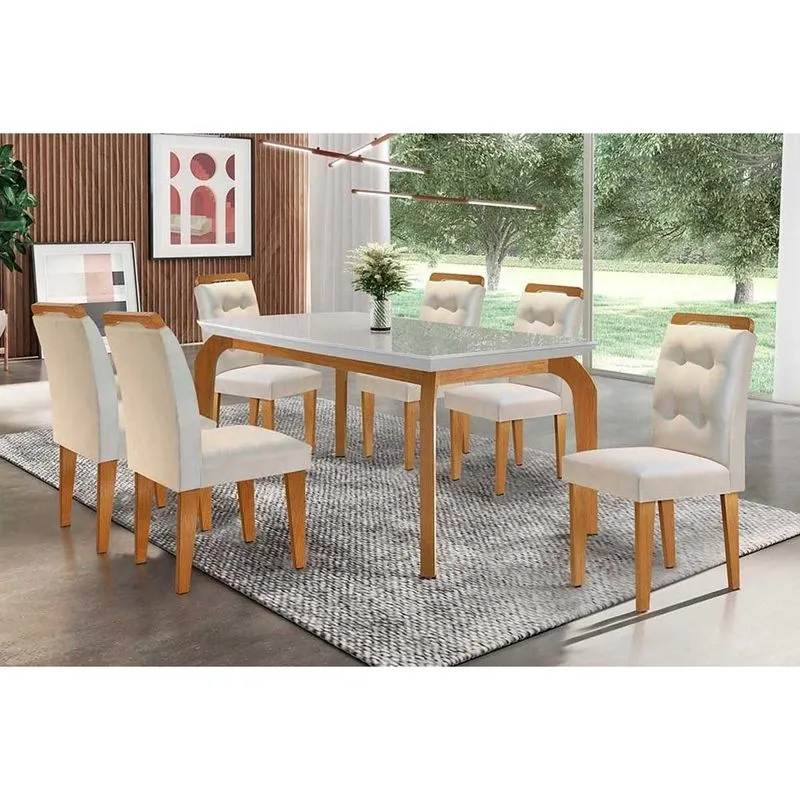 Conjunto: Mesa Sala Jantar Londrina c/ Tampo Madeirado c/ Vidro Canto Reto 180x90cm e 6 cadeiras Imperatriz Imbuia-Capuccino/Suede Creme - Rufato