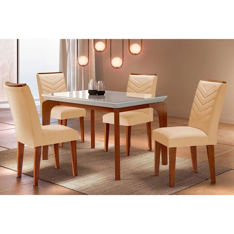 Conjunto: Mesa Sala Jantar Londrina c/ Tampo Madeirado c/ Vidro Canto Curvo 120x80cm e 4 cadeiras Londrina Imbuia/Off White - Suede Creme - Rufato
