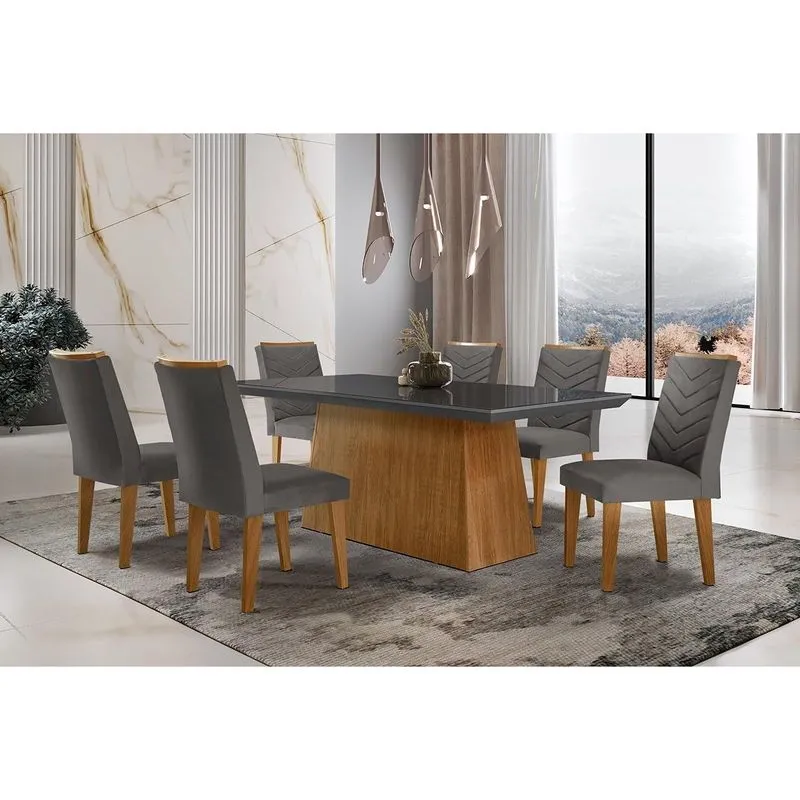 Conjunto: Mesa Sala Jantar Luna c/ Tampo de Vidro Canto Curvo 180x90cm e 6 cadeiras Londrina Imbuia/Grafite - Suede Grafite - Rufato