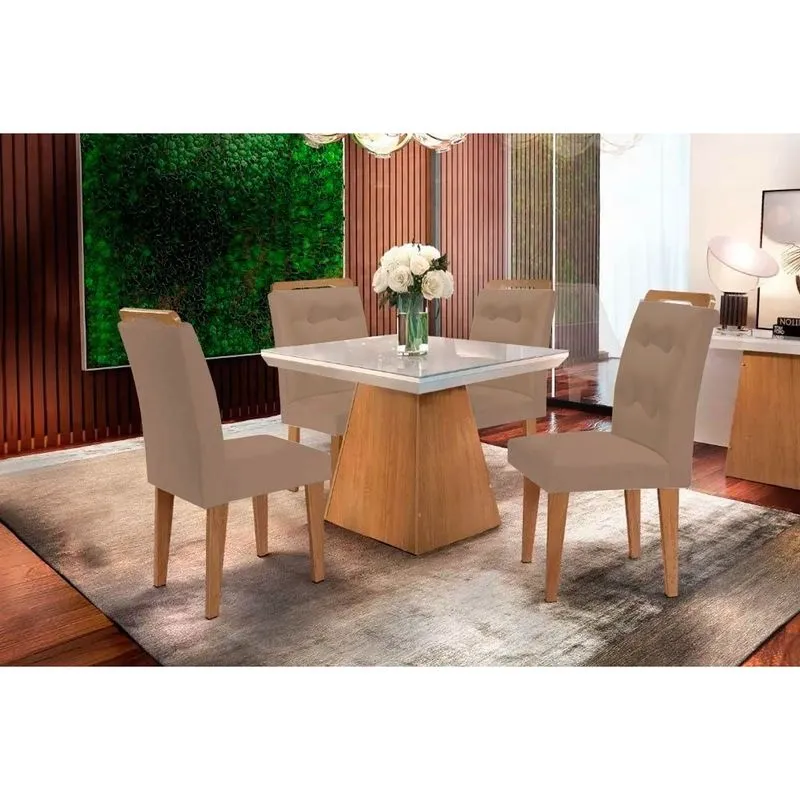 Conjunto: Mesa Sala Jantar Luna c/ Tampo Madeirado c/ Vidro Canto Curvo 90x90cm e 4 cadeiras Imperatriz Imbuia/Off White - Suede Capuccino - Rufato
