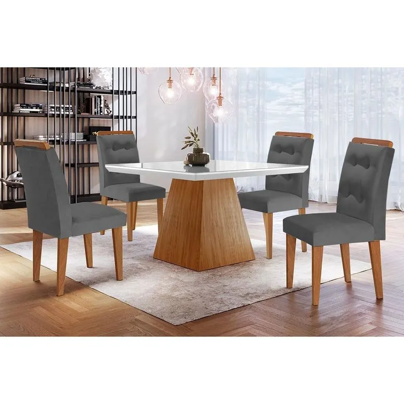 Conjunto: Mesa Sala Jantar Luna c/ Tampo Madeirado c/ Vidro Canto Curvo 90x90cm e 4 cadeiras Imperatriz Imbuia/Off White - Suede Grafite - Rufato