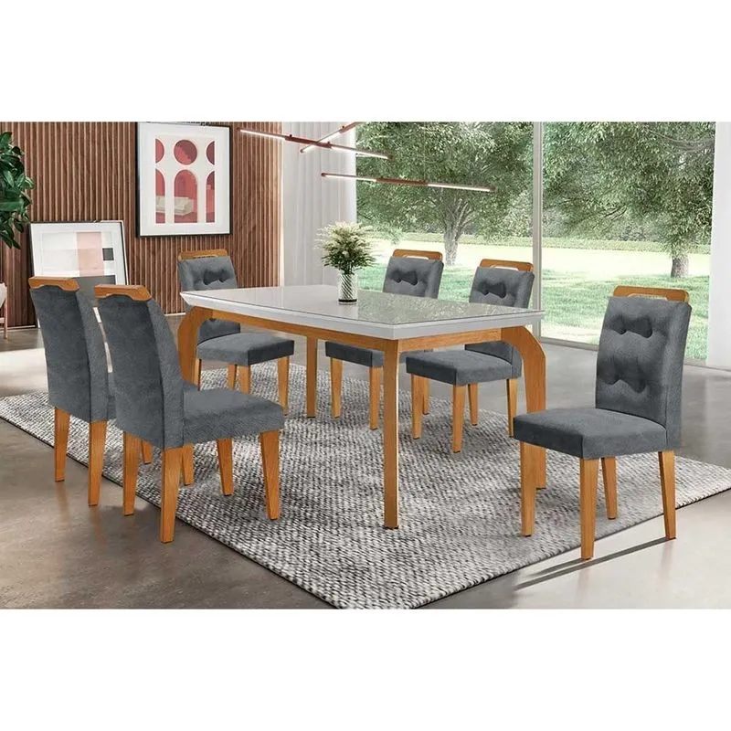 Conjunto: Mesa Sala Jantar Londrina c/ Tampo Madeirado c/ Vidro Canto Reto 180x90cm e 6 cadeiras Imperatriz Capuccino/Suede Grafite - Rufato
