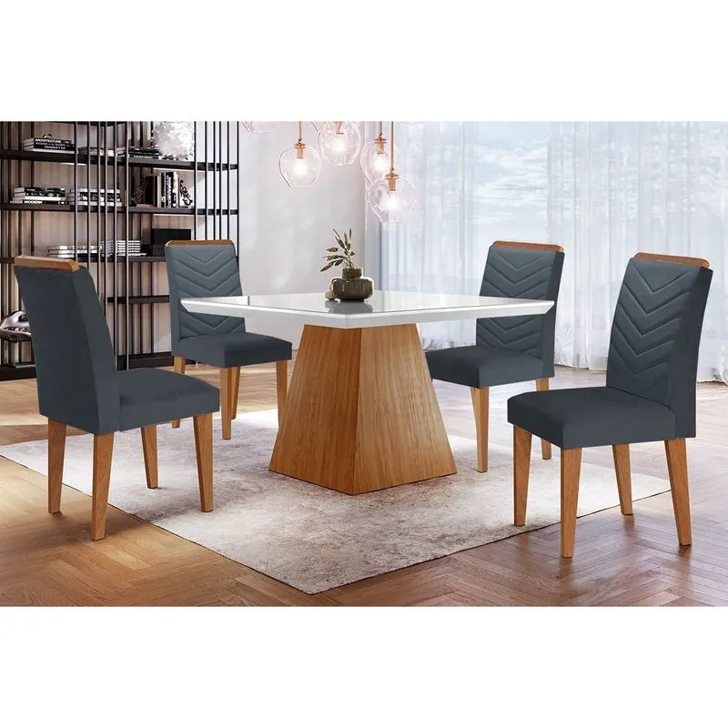 Conjunto: Mesa Sala Jantar Luna c/ Tampo Madeirado c/ Vidro Canto Curvo 90x90cm e 4 cadeiras Londrina Imbuia/Off White - Linho Grafite - Rufato