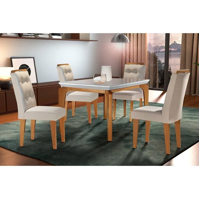 Conjunto: Mesa Sala Jantar Londrina c/ Tampo Madeirado c/ Vidro Canto Reto 120x80cm e 4 cadeiras Imperatriz Imbuia/Off White - Suede Creme - Rufato