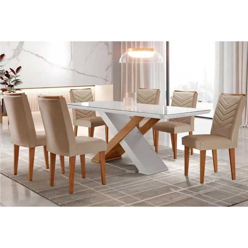 Conjunto: Mesa Sala Jantar Imperatriz Tampo Madeirado c/ Vidro Canto Curvo 180x90 e 6 Cadeiras Londrina Imbuia/Off White - Suede Capuccino - Rufato