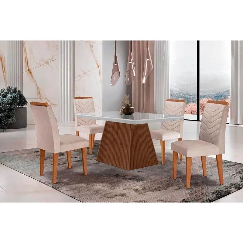 Conjunto: Mesa Sala Jantar Luna c/ Tampo Madeirado c/ Vidro Canto Curvo 120x80cm e 4 cadeiras Londrina Imbuia/Off White - Suede Creme - Rufato