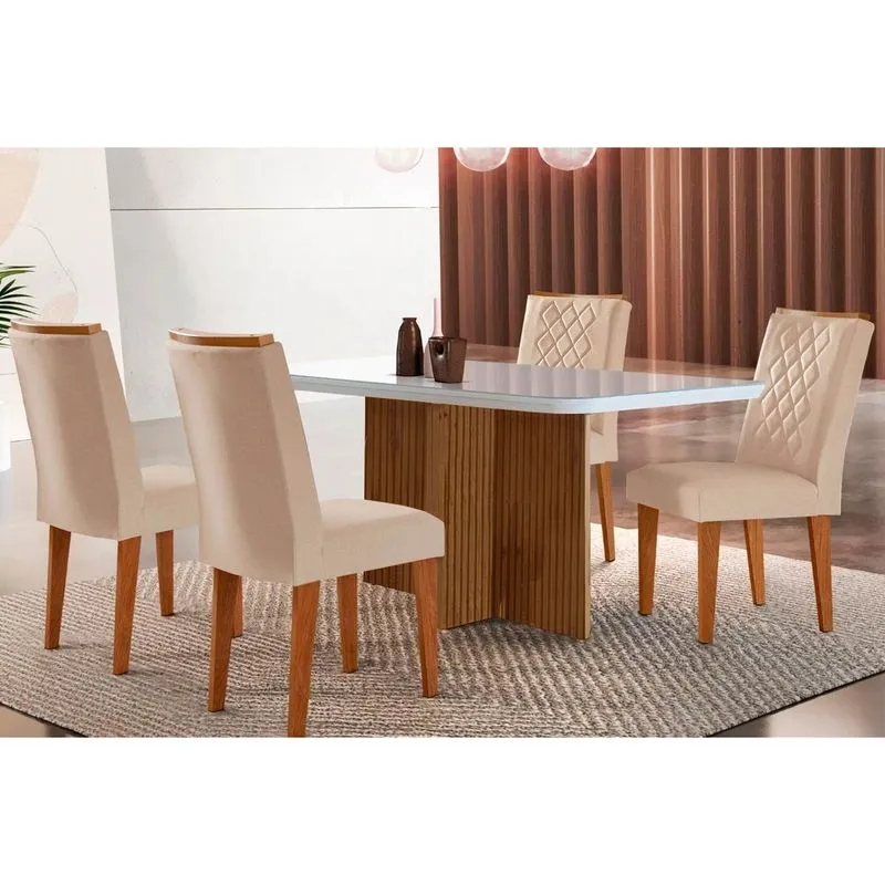 Conjunto: Mesa Sala Jantar Berlim c/ Tampo Madeirado c/ Vidro Canto Curvo 120x80cm e 4 Cadeiras Jade Imbuia/Off White - Suede Creme - Rufato