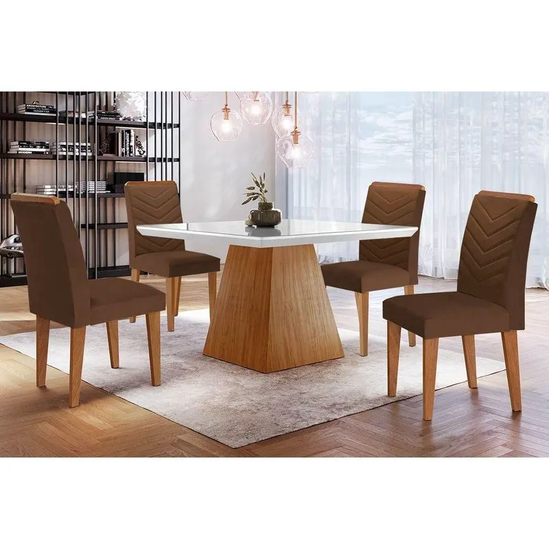 Sala De Jantar Completa Luna C/ Tampo Madeirado Vidro Canto Curvo 90x90cm E 4 Cadeiras Londrina Imbuia/off White - Suede Marrom - Rufato