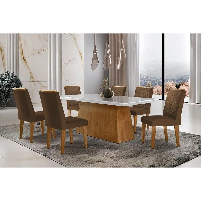Sala De Jantar Completa Luna C/ Tampo Vidro Canto Curvo 180x90cm E 6 Cadeiras Londrina Imbuia/off White - Suede Marrom - Rufato