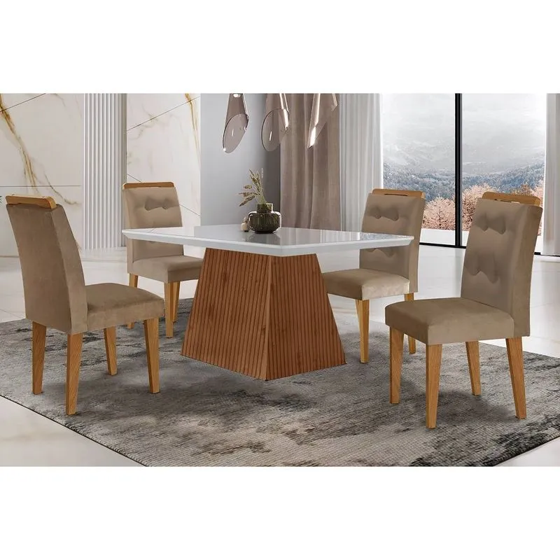 Sala de Jantar Completa Luna c/ Tampo Madeirado c/ Vidro Canto Curvo 120x80cm e 4 cadeiras Imperatriz Imbuia/Off White - Suede Capuccino - Rufato