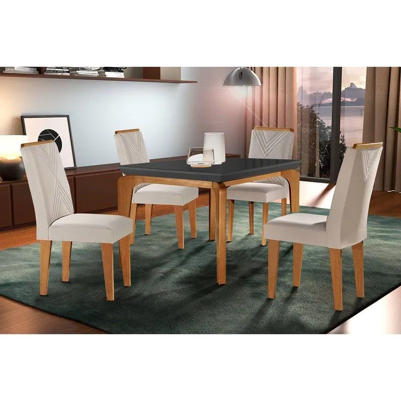 Sala De Jantar Completa Londrina C/ Tampo Madeirado Vidro Canto Reto 120x80cm E 4 Cadeiras Amsterdã Imbuia/grafite - Suede Creme - Rufato