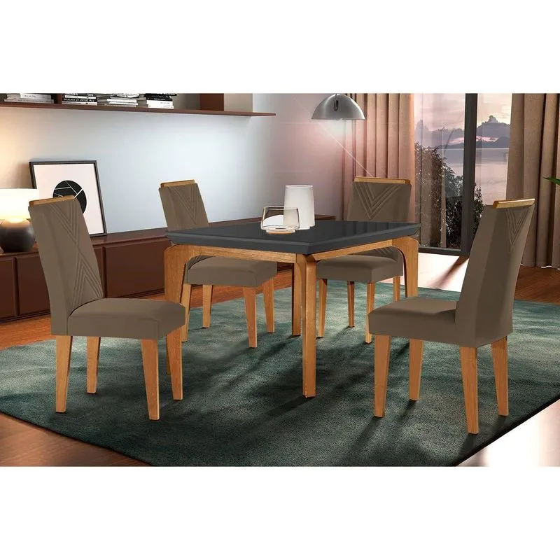 Sala De Jantar Completa Londrina C/ Tampo Madeirado Vidro Canto Reto 120x80cm E 4 Cadeiras Amsterdã Imbuia/grafite - Suede Capuccino - Rufato