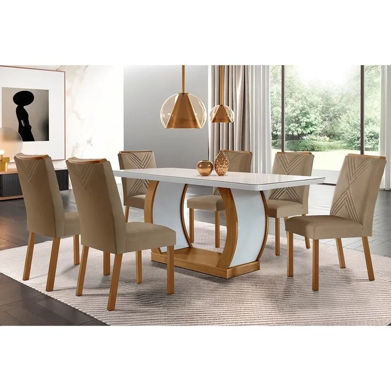 Sala de Jantar Completa Jade c/ Tampo Madeirado c/ Vidro Canto Curvo 180x90cm e 6 cadeiras Amsterdã Imbuia/Off White - Suede Capuccino - Rufato