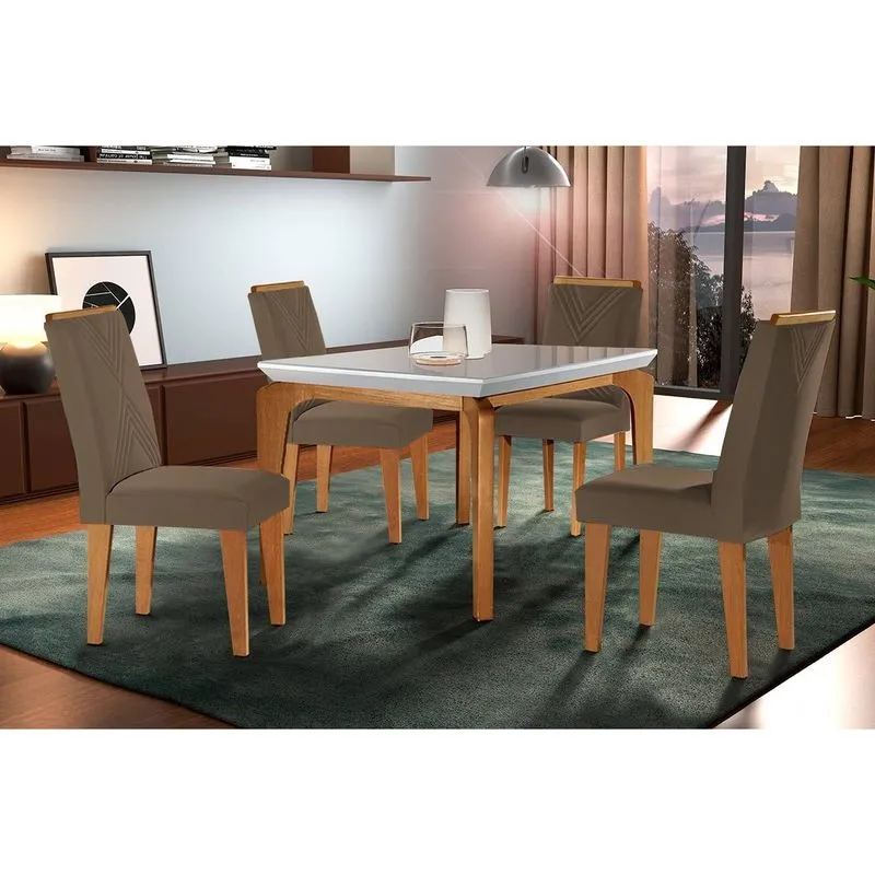 Sala de Jantar Completa Londrina c/ Tampo Madeirado c/ Vidro Canto Curvo 120x80cm e 4 cadeiras Amsterdã Imbuia/Off White - Suede Capuccino - Rufato