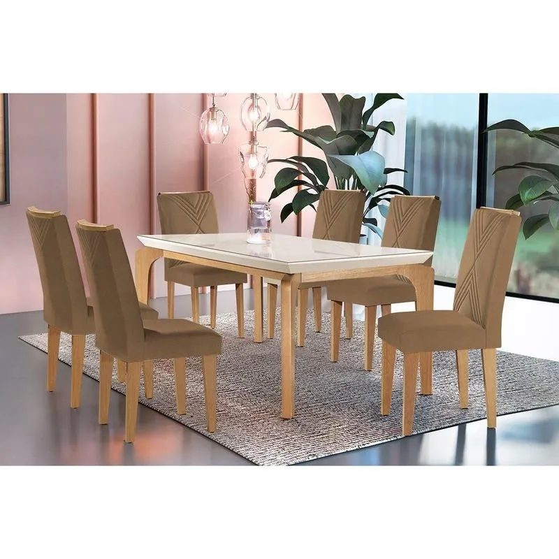 Sala De Jantar Completa Londrina C/ Tampo Madeirado Vidro Canto Reto 180x90cm E 6 Cadeiras Amsterdã Imbuia-capuccino/suede Capuccino - Rufato