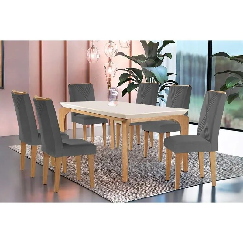 Sala De Jantar Completa Londrina C/ Tampo Madeirado Canto Reto 180x90cm E 6 Cadeiras Amsterdã Imbuia-capuccino/suede Grafite - Rufato