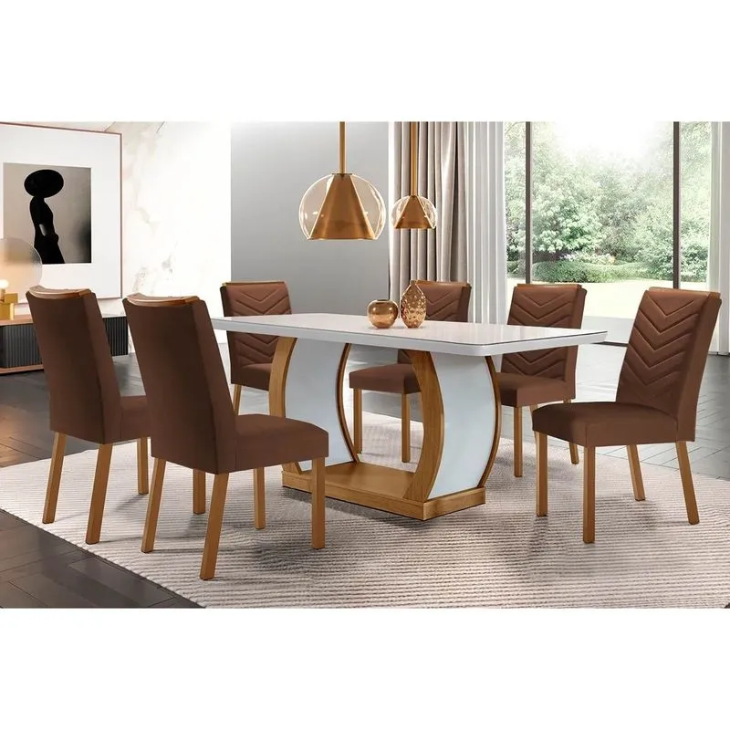 Sala de Jantar Completa Jade Tampo Madeirado c/ Vidro Canto Curvo 180x90 e 6 Cadeiras Londrina Imbuia/Off White - Suede Marrom - Rufato