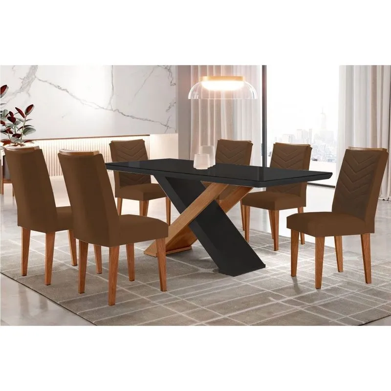 Sala de Jantar MDF e Madeira 7 Peças Rufato Mesa Tampo Vidro Temperado