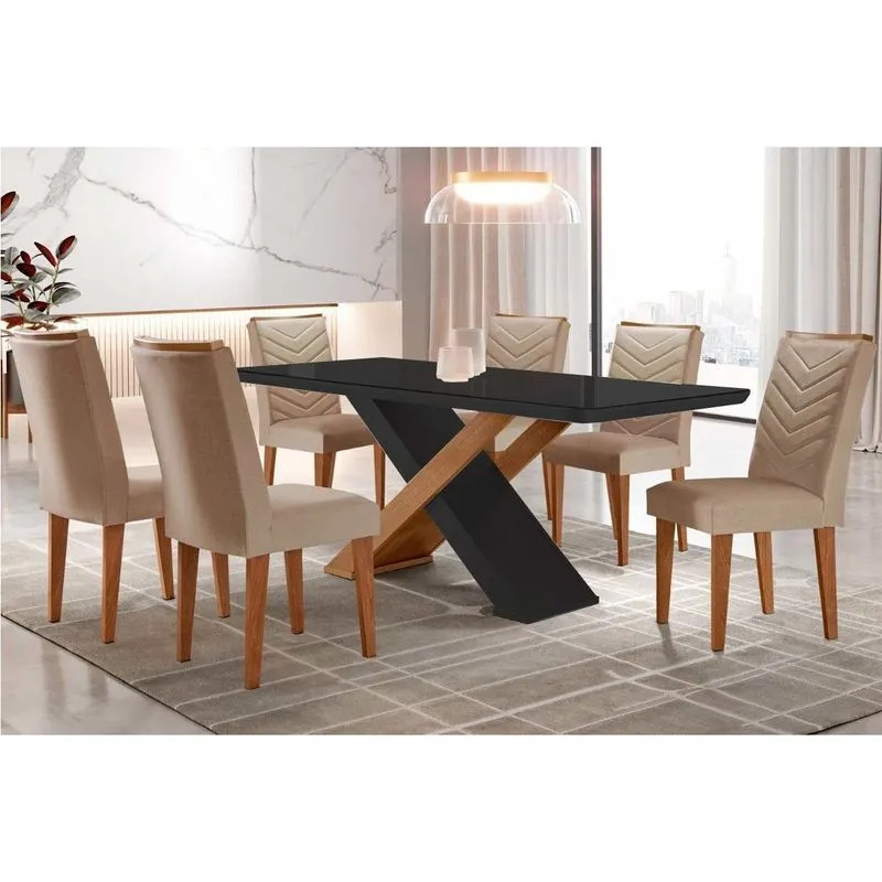 Conjunto Sala de Jantar MDF e Vidro 180x90cm Rufato 6 Cadeiras Suede Canto Curvo