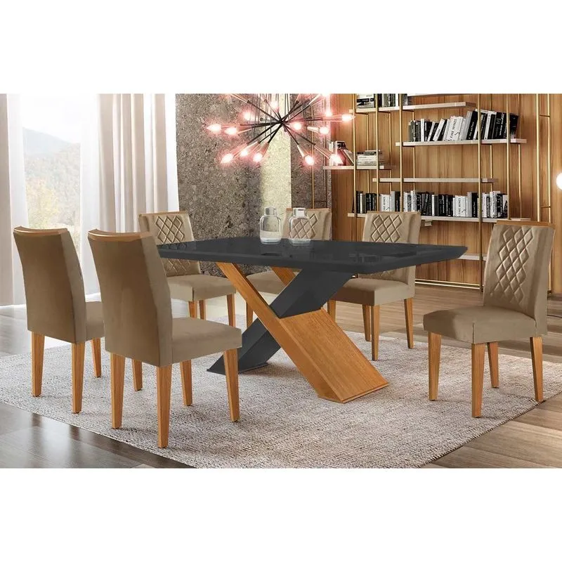 Sala de Jantar Completa MDF e Madeira 180x90 Rufato 6 Cadeiras Suede Tampo Vidro Curvo