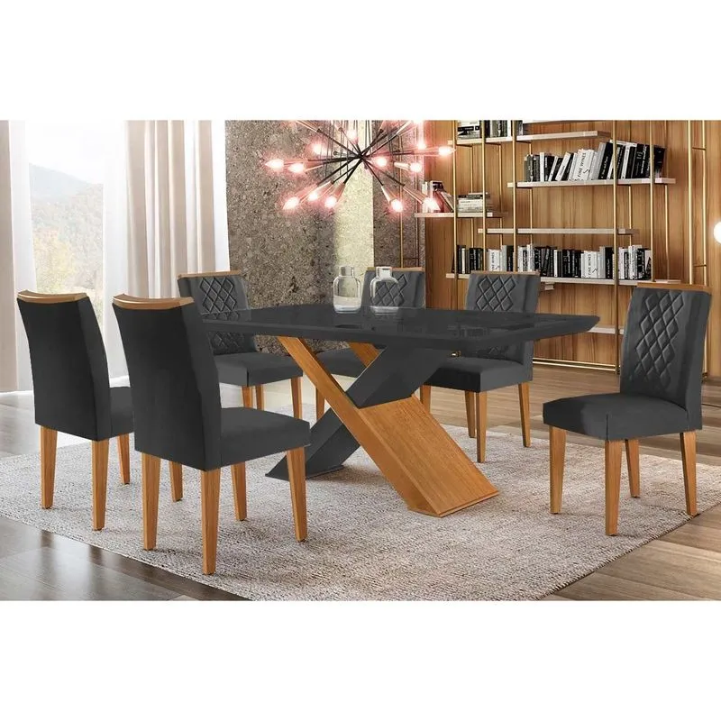 Sala de Jantar MDF e Madeira 180x90cm Rufato 6 Cadeiras Tampo de Vidro Curvo