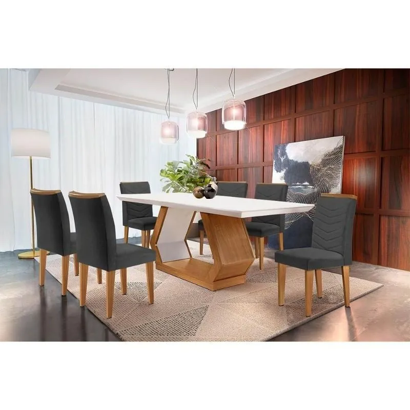 Sala De Jantar Completa Alvorada C- Tampo Madeirado Canto Reto 180x90cm E 6 Cadeiras Londrina Imbuia-off White - Suede Grafite - Rufato