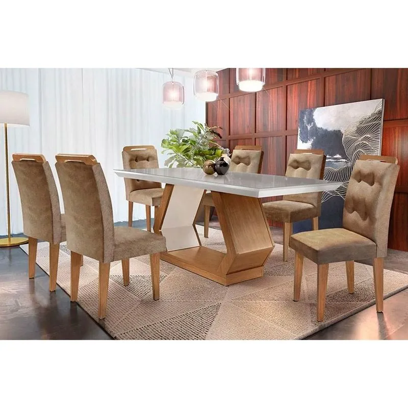 Sala de Jantar Completa Alvorada Tampo Madeirado c/ Vidro Canto Reto 180x90cm e 6 Cadeiras Imperatriz Imbuia/Off White - Suede Capuccino - Rufato