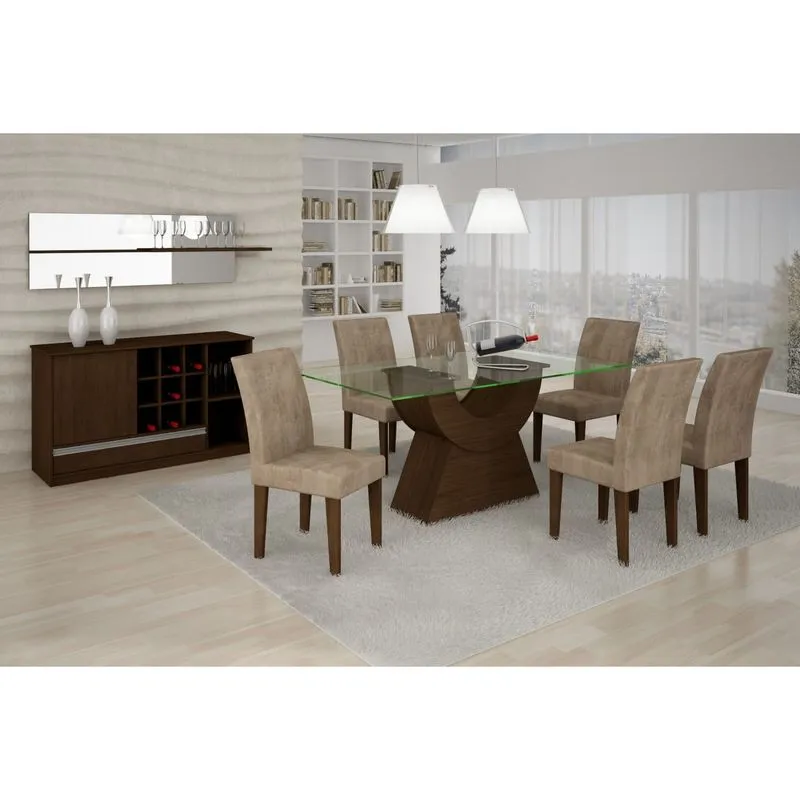 Conjunto Sala de Jantar Mesa Malta 1,80m e 6 Cadeiras Grécia Rufato Castor/Castor/Animalle Chocolate