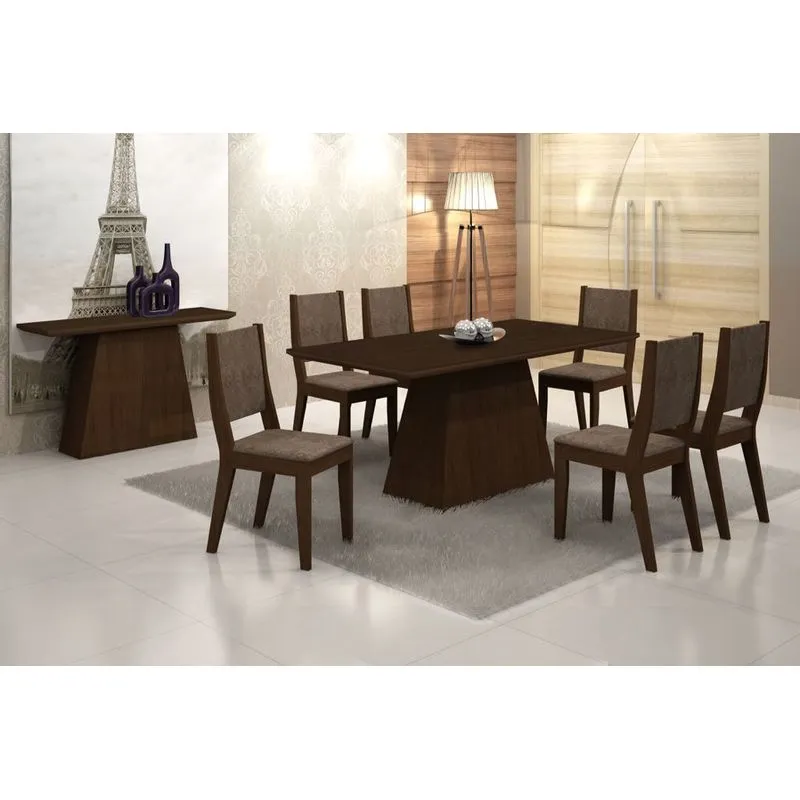 Sala jantar Luna 1,8m Tampo MDF 40mm e 6 cad. Isis Castor Suedi Amassado Chocolate Rufato
