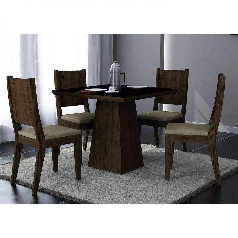 Conjunto Sala de Jantar Mesa Tampo Vidro/MDF Preto Luna 4 Cadeiras Bella Rufato Ypê/Suede Amassado Chocolate