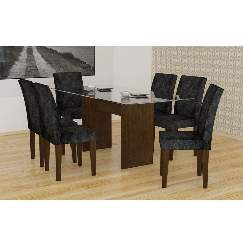 Conjunto Sala de Jantar Mesa Tampo Vidro 160cm Grécia 6 Cadeiras Grécia Rufato Castor/ Penna Preto