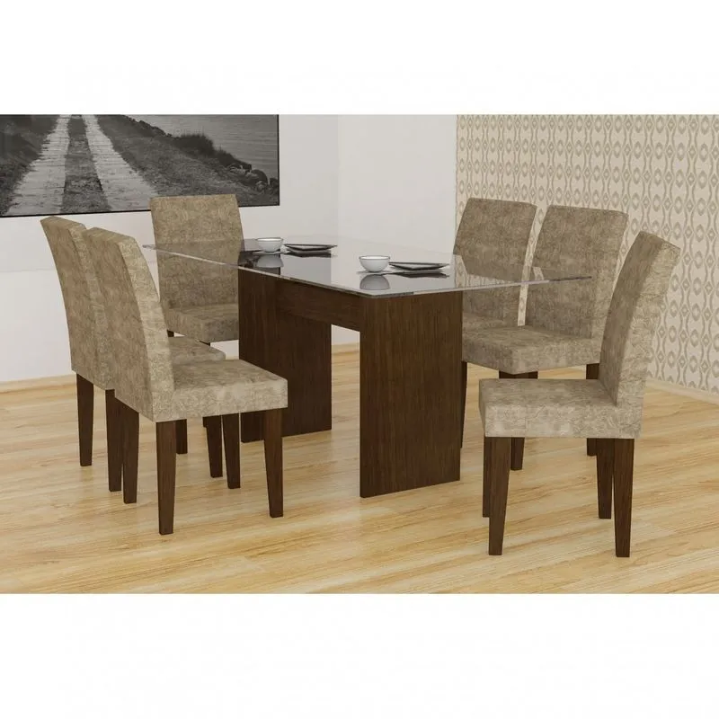 Conjunto Sala de Jantar Mesa Grécia 160cm 6 Cadeiras Grécia Rufato Castor/Castor/Suedi Amassado Chocolate