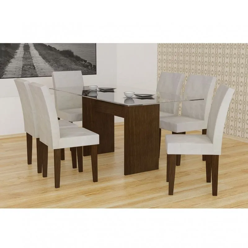 Conjunto Sala de Jantar Mesa Grécia 160cm 6 Cadeiras Grécia Rufato Castor/Castor/Veludo Creme