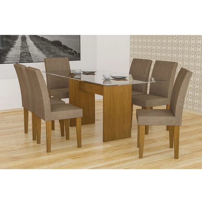 Conjunto Sala de Jantar Mesa Tampo Vidro 160cm Grécia 6 Cadeiras Grécia Rufato Imbuia/Animalle Chocolate