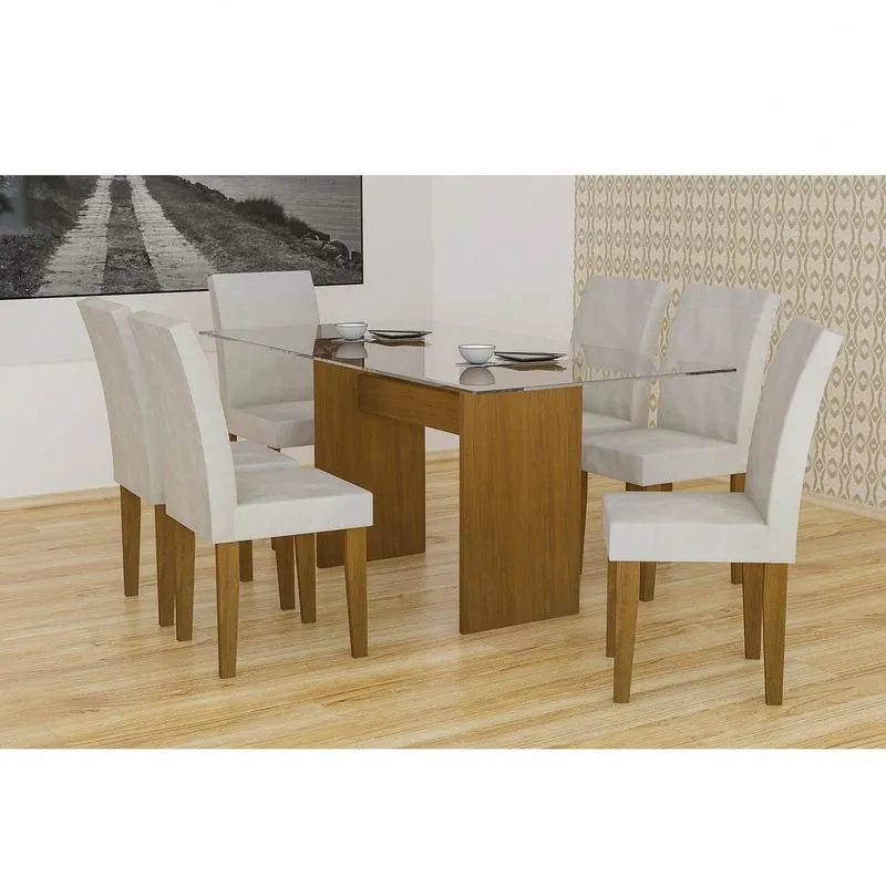 Conjunto Sala de Jantar Mesa Tampo Vidro 160cm Grécia 6 Cadeiras Grécia Rufato Imbuia/Veludo Creme