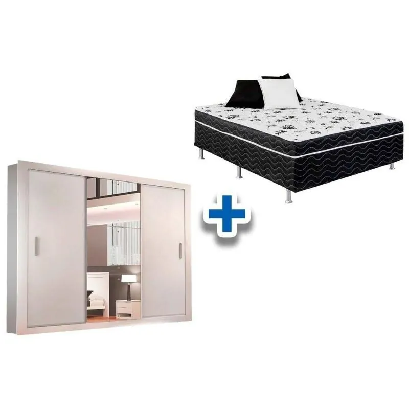 Cama Box Conjugada Casal Union Ortobom + Guarda Roupa Veneza Luxo Branco
