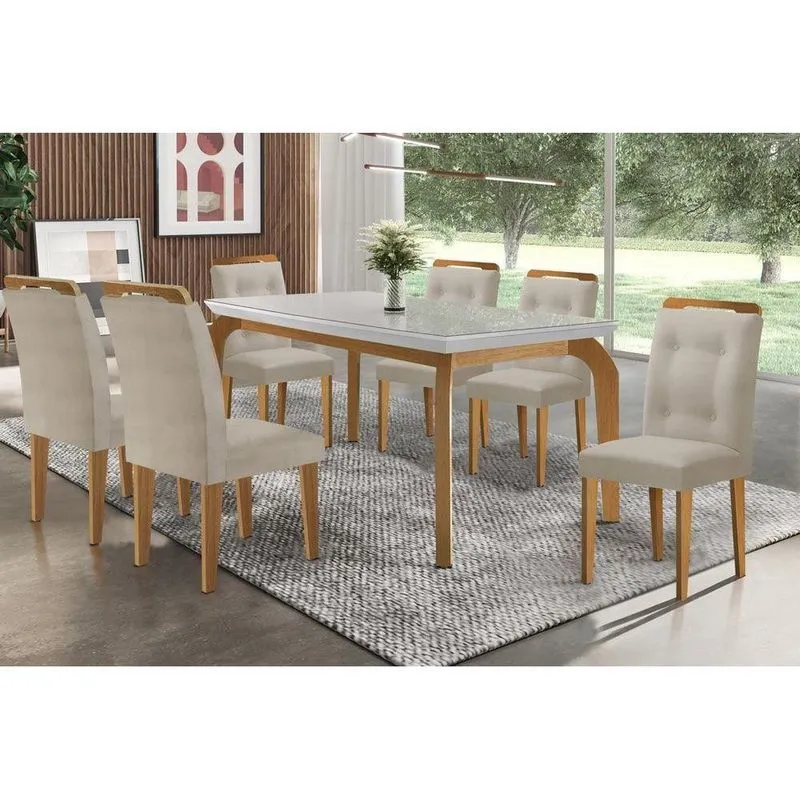 Sala De Jantar Completa Londrina Tampo Madeirado C/ Vidro 180cm + 6 Cadeiras Imperatriz Imbuia/bege Turim - Rufato