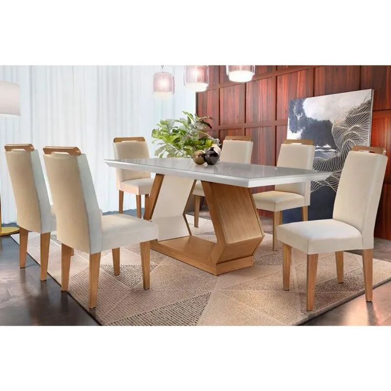 Conjunto: Mesa Sala Jantar Alvorada c/ Tampo Madeirado Canto Reto 180cm + 6 Cadeiras Athenas Imbuia/Veludo Creme - Rufato