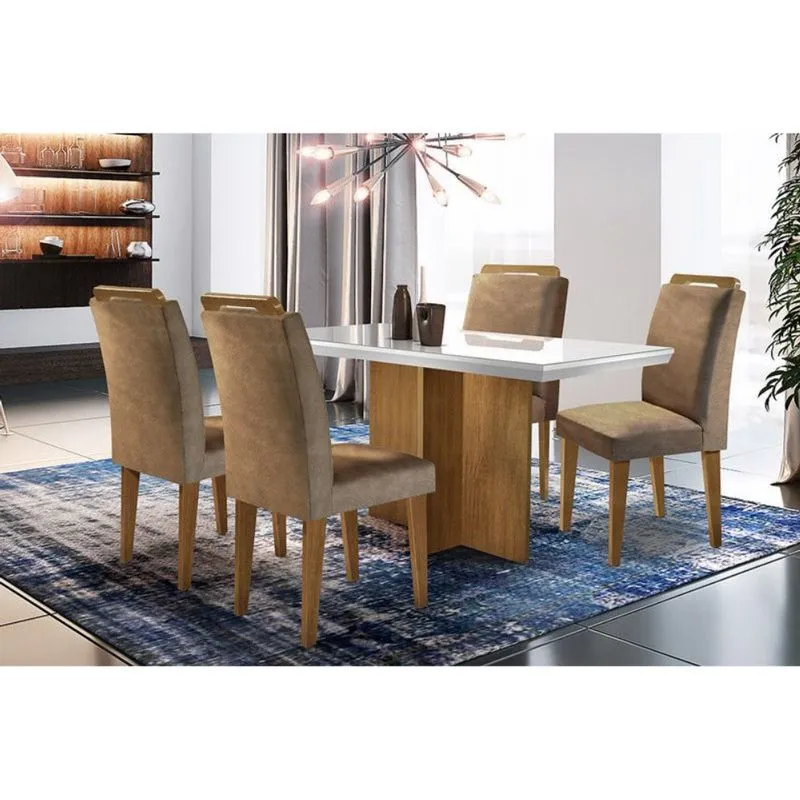 Conjunto: Mesa Sala Jantar Berlim c/ Tampo Madeirado c/ Vidro Canto Reto 120cm + 4 Cadeiras Athenas Imbuia/Chocolate Capuccino - Rufato