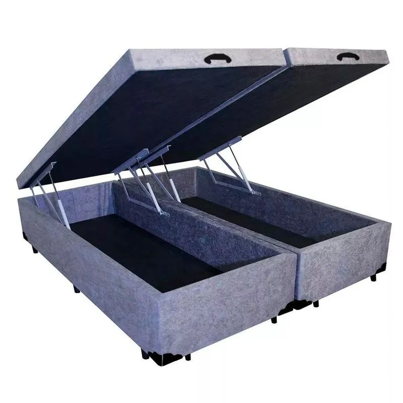 Cama Box Baú Blindado King Bipartido Suede Cinza Estrutura em Madeira Homequeen