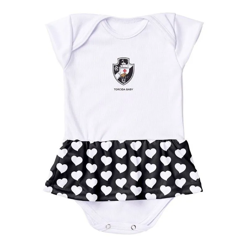 Body Vestido Vasco Corações Torcida Baby Tam 2 / Branco / Preto