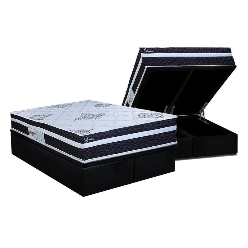 Cama Box Baú King: Colchão Molas Ensacadas Paropas Basic Black + Base CRC Suede Black (193x203)