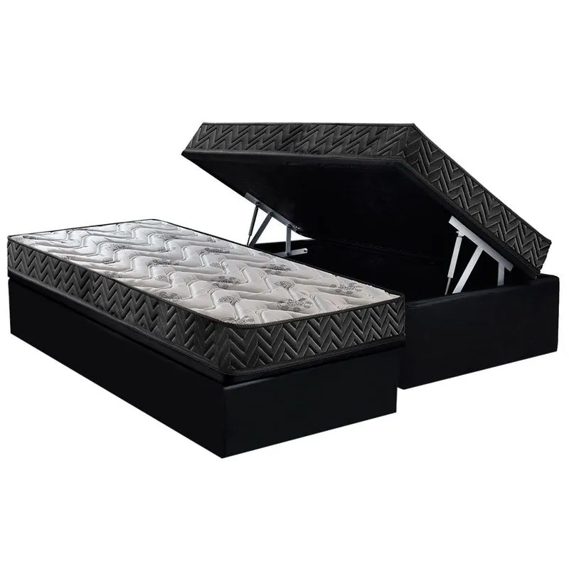 Conjunto Box Baú Solteiro: Colchão Molas Paropas D45 Pasquale Wave Black + Base CRC Suede Black (88x188)