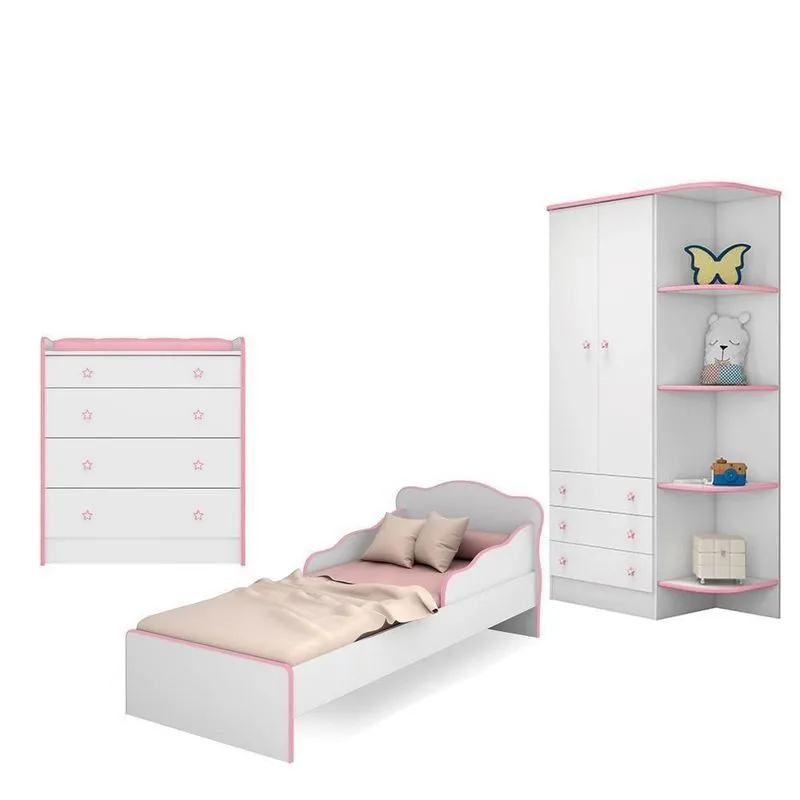 Quarto Infantil Roupeiro, Cômoda Trocador Branco/rosa