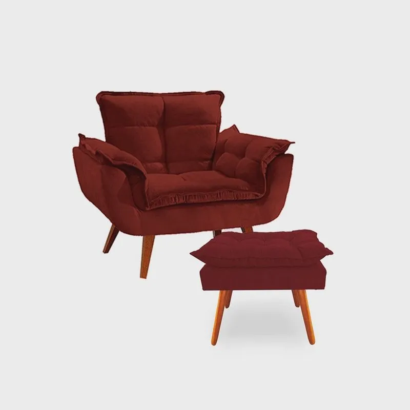 Kit 1 Poltrona com 1 Puff Opala Luxo com Pés Estilo Retrô - Bordo